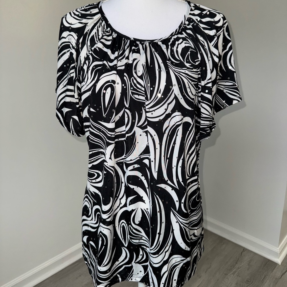 70s Rachel Rachel Women’s Blouse 2X Abstract‎ Black White Sparkly Tie Back Y2K